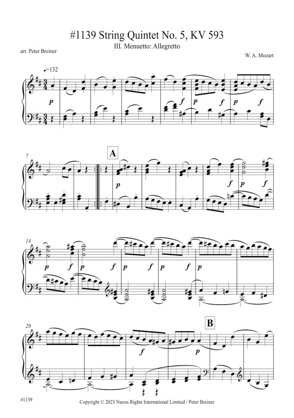 Wolfgang Amadeus Mozart: Menuetto-Allegretto (3rd movt.) from String Quintet KV 593 (arranged for piano by Peter Breiner) (PB220) For Cheap