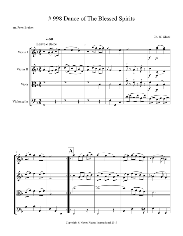 Christoph Willibald Gluck: Dance of the Blessed Spirits – Arrangement for String Quartet by Peter Breiner (PB109) Sale