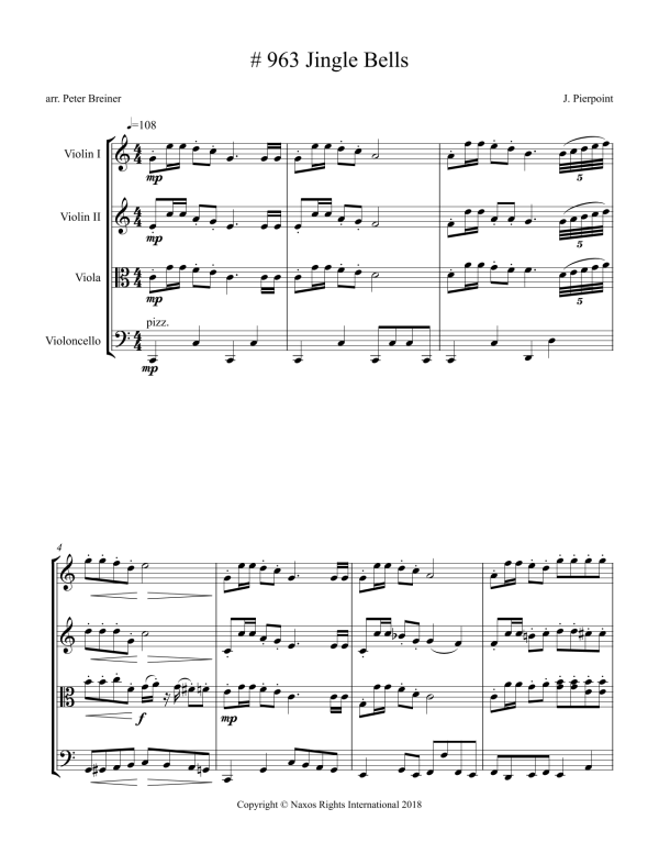 Jingle Bells – Arrangement for String Quartet by Peter Breiner (PB074) Online now