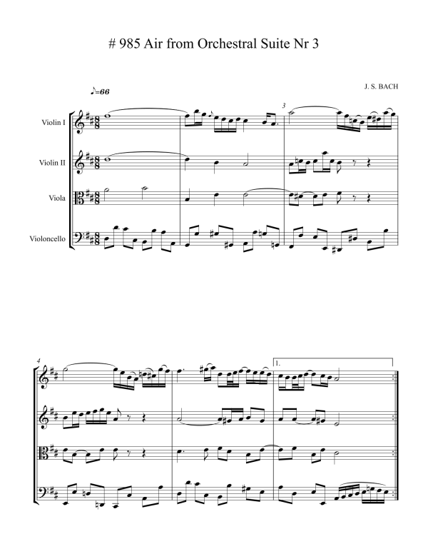J.S. Bach: Air from Orchestral Suite No.3 – Arrangement for String Quartet by Peter Breiner (PB096) For Sale