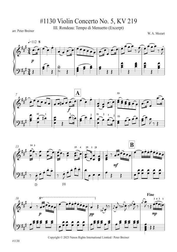 Wolfgang Amadeus Mozart: Excerpt from the 3rd movt. (Rondeau: Tempo di Menuetto) of Violin Concerto KV 219 (arranged for piano by Peter Breiner) (PB227) Sale
