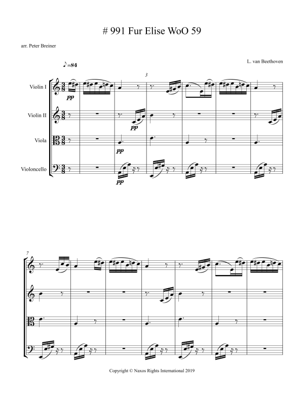 Ludwig van Beethoven: Für Elise, WoO 59 – Arrangement for String Quartet by Peter Breiner (PB102) Hot on Sale