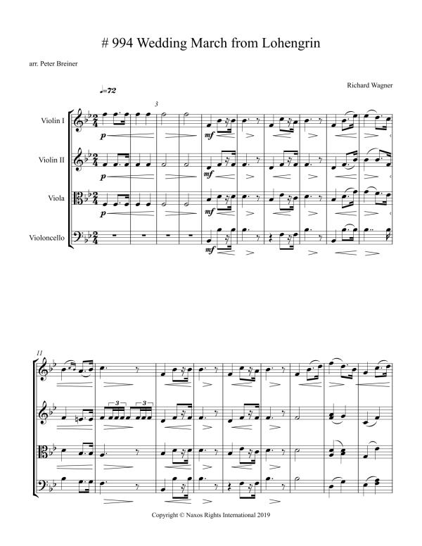 Richard Wagner: Wedding March from Lohengrin – Arrangement for String Quartet by Peter Breiner (PB105) Sale