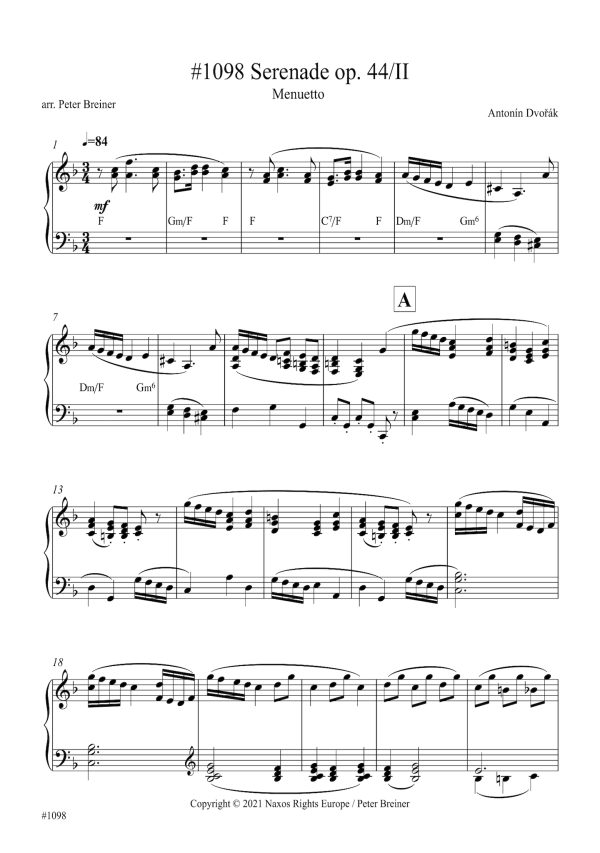 Antonín Dvořák: Serenade in D minor, II. Menuetto (arranged for piano by Peter Breiner) (PB159) Discount