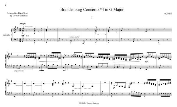 J.S. Bach: Brandenburg Concerto No. 4, BWV 1049 – arranged for piano duet by Eleonor Bindman (GPC041) Sale