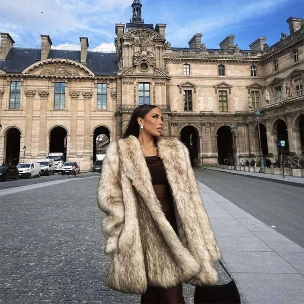 Luxurious Fashion Lapel Faux Fur Midi Coat Women Street Long Sleeve Oversize Cardigan Jacket Winter Thick Warm Female Outerwear Online Sale