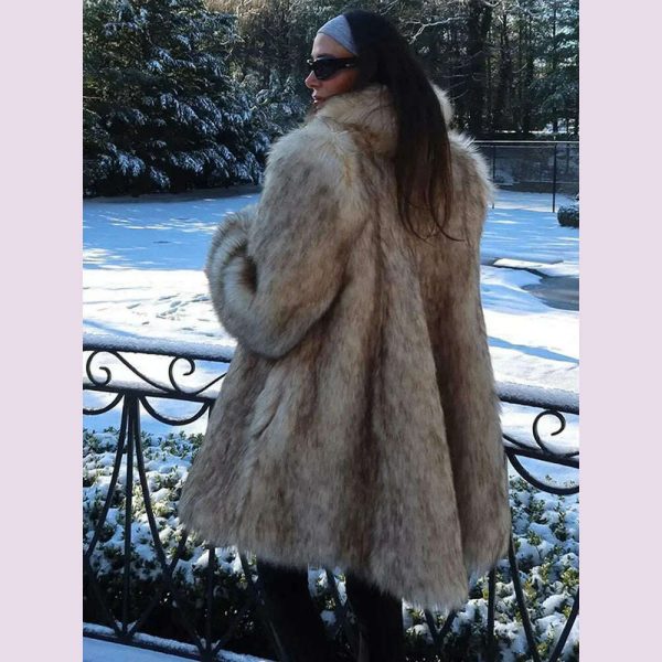 Luxurious Fashion Lapel Faux Fur Midi Coat Women Street Long Sleeve Oversize Cardigan Jacket Winter Thick Warm Female Outerwear Online Sale - Image 5