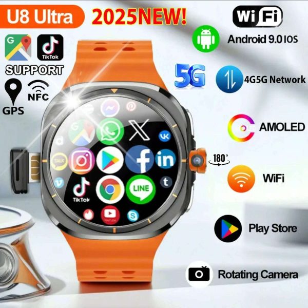 2025New U8 Ultra AMOLED Android 9.0 Smart Watch Men Women Galaxy Watch 7 Ultra 4G 5G SIM Card WiFi GPS NFC Camera Sport Watches For Sale