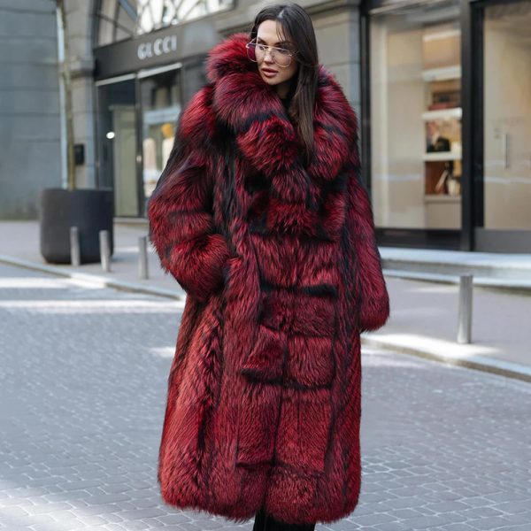120cm Long Real Silver Fox Fur Coat with Big Turn-down Collar High Street Women Genuien Wholeskin Fox Fur Coats Outwear Woman Online Hot Sale - Image 5
