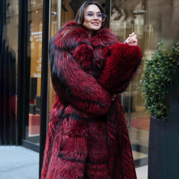120cm Long Real Silver Fox Fur Coat with Big Turn-down Collar High Street Women Genuien Wholeskin Fox Fur Coats Outwear Woman Online Hot Sale